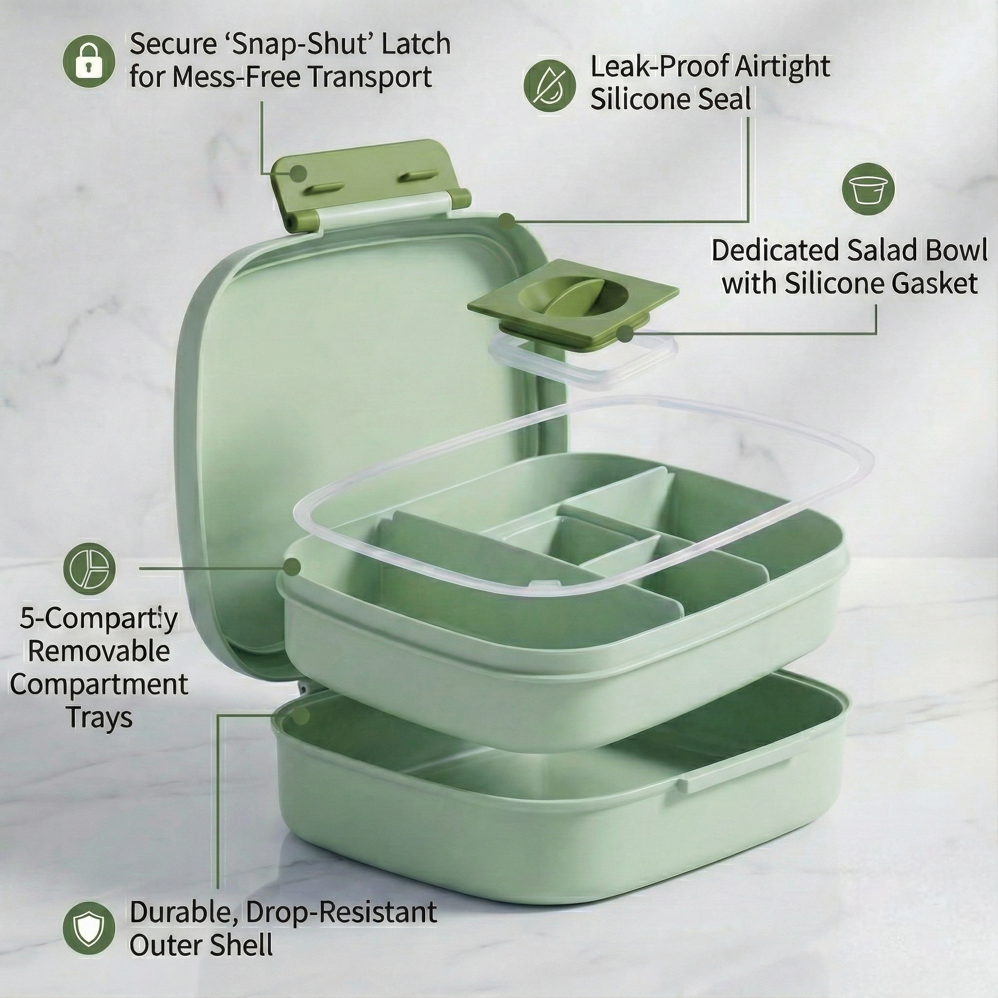 Bento Lunch Box for Kids & Adults - Large 5-Compartment, Leakproof