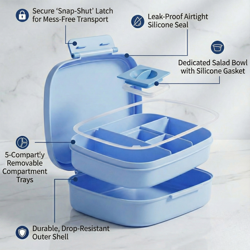 Bento Lunch Box for Kids & Adults - Large 5-Compartment, Leakproof