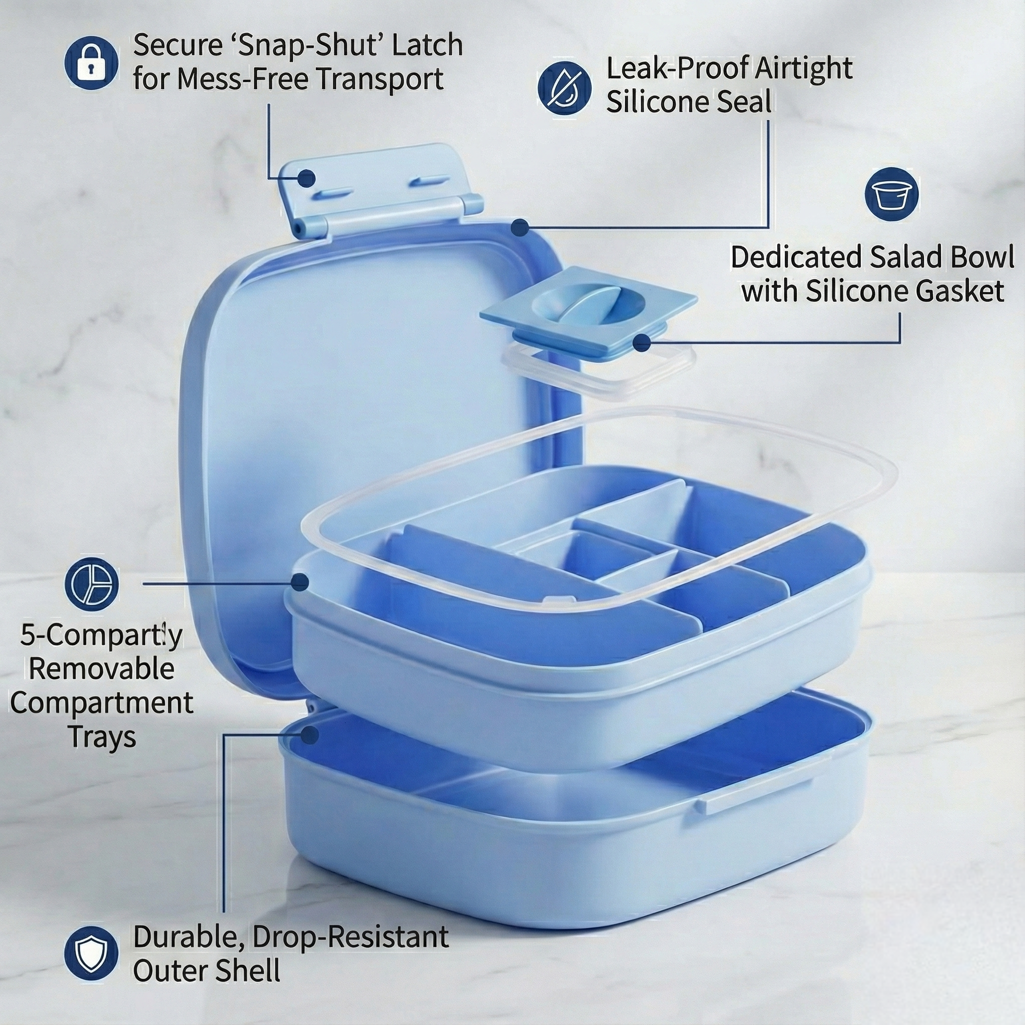 Bento Lunch Box for Kids & Adults - Large 5-Compartment, Leakproof