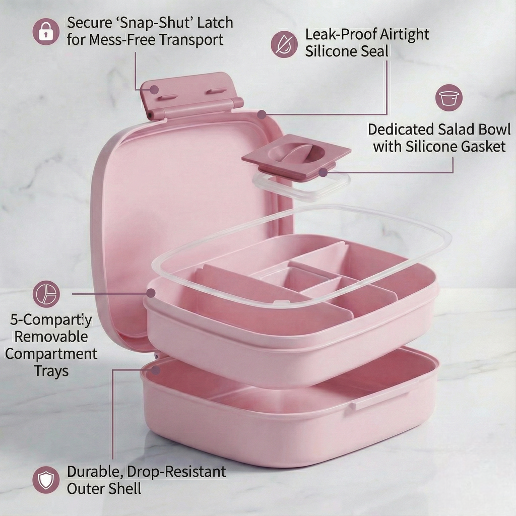 Bento Lunch Box for Kids & Adults - Large 5-Compartment, Leakproof